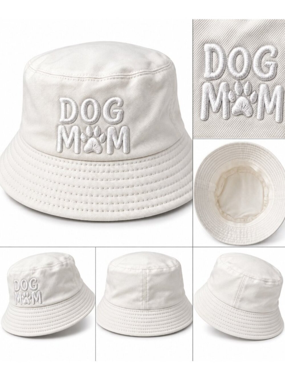 White Dog Mom Embroidered Bucket Hat with Paw Print Women’s Casual Sun Hat